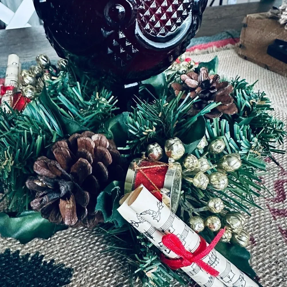 Vintage Evergreen Pinecone Drummer & French Horn Christmas Wreath Candle Ring